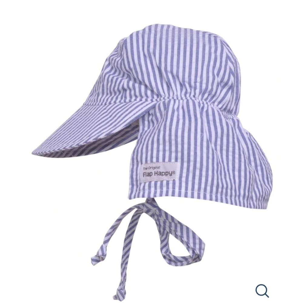 NWT The Original Flap Happy Flap Hat with Ties Chambray Stripe Seersucker